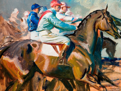 Under Starter’s Orders c. 1951 Oil on canvas, 50.8 x 60.9 cm © the estate of Sir Alfred Munnings, Dedham, Essex