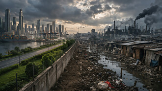 A divided landscape reveals two worlds side by side—prosperity and decay—highlighting the structural inequalities and environmental consequences that continue to shape global development