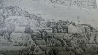 El antiguo Globe Theatre. Dibujo creado en 1642 por Wenceslao Hollar para su "Gran vista de Londres". Imagen publicada en RB Morgan, 1923. Cambridge University Press, Londres, Inglaterra (En el dibujo el edificio perteneciente a "The Globe", por error está etiquetado como "beere baiting")