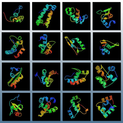 Some three-dimensional structures of totally random 'de novo' proteins – namely, “never born proteins” (NBP) – as reported in theoretical studies (utilizing the so-called Rosetta method). Adapted from Chiarabelli et al., 2006, Part I and II.