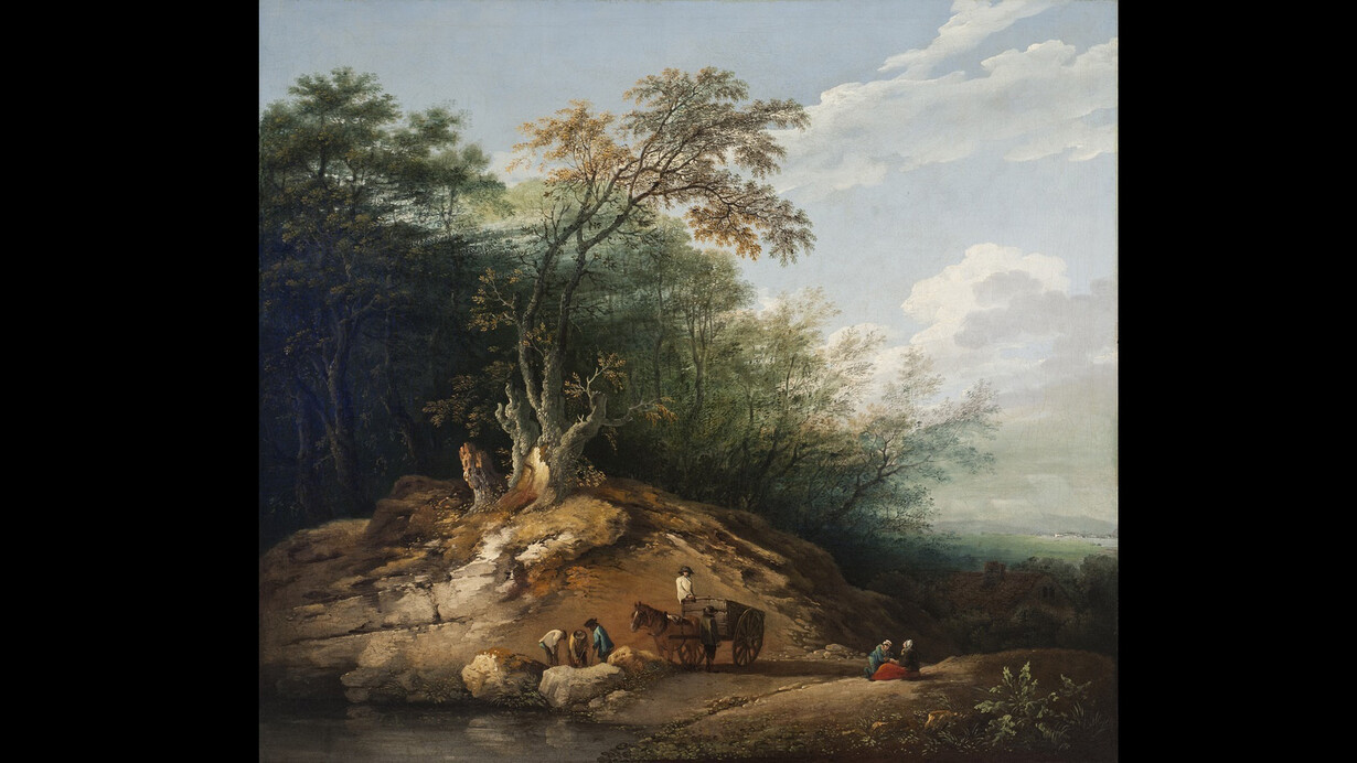 Attributed to Benjamin Barker, the younger
English, 1776‒1838
Laborers Harvesting Bath Stone
ca. 1800
Oil on canvas
42 x 47 1/8 in. (106.7 x 119.7 cm)
Sidney and Lois Eskenazi Museum of Art, Museum purchase with funds from the estate of Herman B Wells via the Joseph Granville and Anna Bernice Wells Memorial Fund
