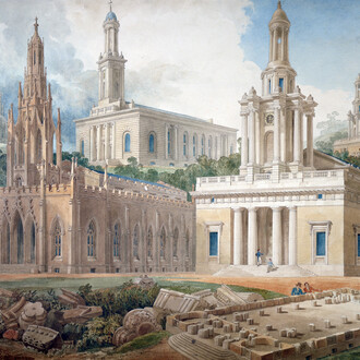 Joseph Michael Gandy, Perspective of eight designs for churches, with plan, 1834, Pencil, pen and ink and watercolour, 745 x 1320mm