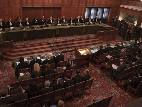 A session in progress with the judges of the International Court of Justice in the courtroom