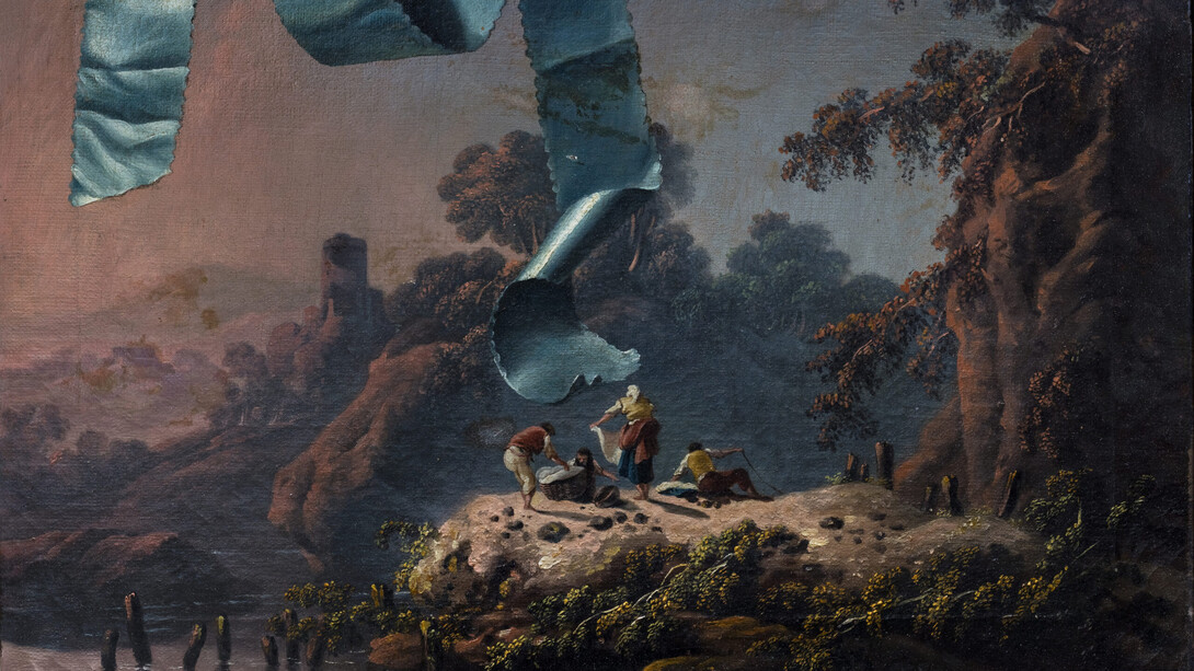 Jean Pillement, Trompe-l'œil avec ruban turquoise devant le paysage de la campagne portugaise, ca.1790. Courtesy of Musée Marmottan-Claude Monet