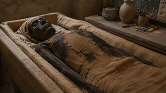 Ancient mummified remains displayed in a museum conservation setting, revealing remarkably preserved textures, fragile linen wrappings, and traces of ancient script from a civilization thousands of years old
