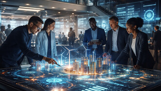 Professionals collaborate around a data-driven smart city model, illustrating how coordinated governance and cross-sector cooperation power modern innovation ecosystems