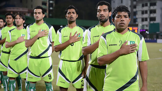 Pakistan National Football Team in Male during a friendly against Maldives in 12 February 2013. From right to left: Muhammad Adil, Samar Ishaq, Muhammad Ahmed, Hassan Bashir, Yasir Afridi, Naveed Ahmed, Kaleemullah Khan, 2013