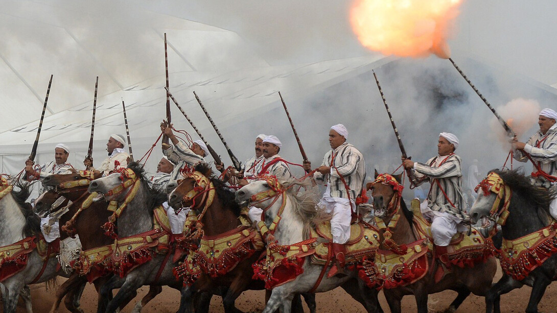 Moroccan horsemen perform during the seventh edition of the “Salon du Cheval” in the port city of El Jadida, Morocco