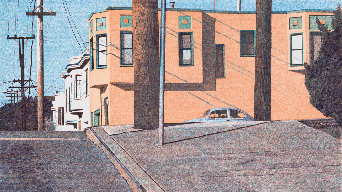 Robert Bechtle, Mississippi street intersection, 2007. Color soft ground etching with aquatint. Image size: 17¾ x 24¾"; paper size: 26 x 32¼". Edition 25. Courtesy of Crown Point Press