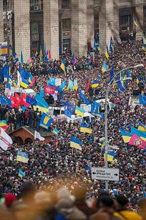 Protesters with Ukraine flags protesting at Maidan, Kyiv, Ukraine, 2014