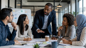 A team leader facilitating an open discussion among colleagues, representing the value of dialogue in overcoming workplace divisions