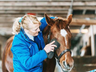 The woman cleaning off her horse's eyes as she takes care of it