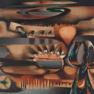 Jacqueline Lamba, France, 1910-1993, Behind the Sun, 1943, signed and dated "J. LAMBA 43" lower right, oil on canvas, 24x26 inches. Courtesy of Weinstein Gallery