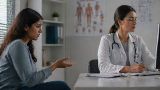 A patient speaks with concern while the doctor remains focused on her notes, reflecting the all-too-common experience of women’s symptoms being overlooked or dismissed in clinical care