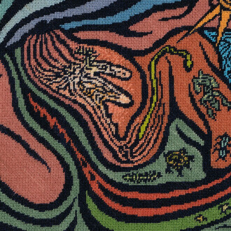 Judy Chicago, Bigamy hood (detail), 2022, Mixed media on stamped aluminum form, 13.25 x 15.25 x 0.75 in, 33.66 x 38.74 x 1.91 cm, © Chicago Woodman LLC, Judy Chicago/Artist Rights Society (ARS), New York; Photo © Chicago Woodman LLC; Donald Woodman/Artists Rights Society, New York