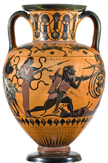 Heracles engages in an epic battle against the triple-headed Geryon, depicted on a neck amphora, showcasing ancient mythology
