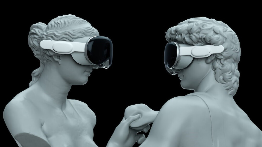 A couple of statues wearing virtual glasses
