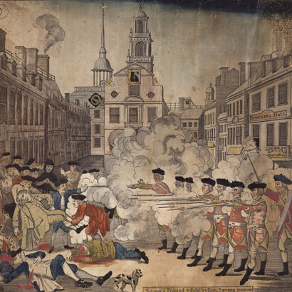 Henny Pelham, artist, Paul Rebere, engraver, Bloddy massacre perpetrated in King street Boston on march 5th by a party of the 29th Regt, 1770. Courtesy of Collection of Mr. and Mrs. Leonard L. Millberg and the New-York Historical Society Gallery