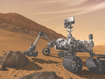 This features NASA's Mars Science Laboratory Curiosity rover, a mobile robot for investigating Mars' past or present ability to sustain microbial life