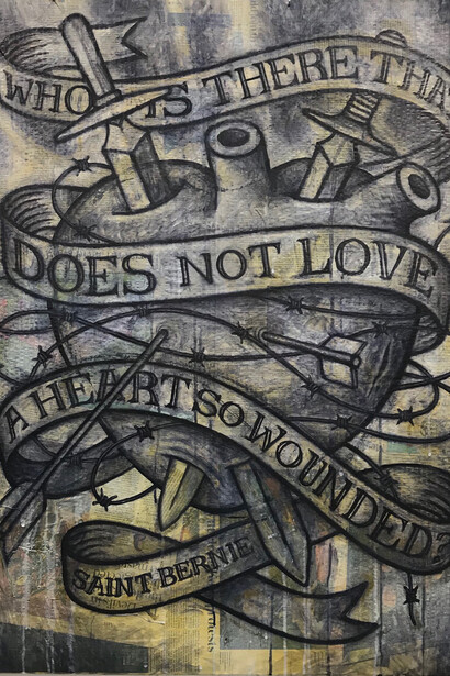 Who does not love?, carbon ink, newspaper on recycled cardboard, Mark Weighton, 2020