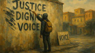A lone figure paints words of hope and defiance—justice, dignity, voice—on a weathered wall in a quiet city street, capturing the spirit of youth-led resistance across the Global South