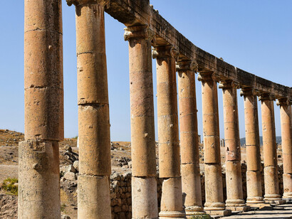 Colonnade of the Ancient Roman oval Forum Plaza, Jerash, Jordan