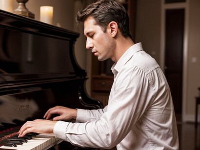 Un uomo che suona il piano. Quest'immagine è stata creata dall'intelligenza artificiale