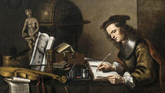 Christian van Donck (siglo XV). «Joven escribiendo en una mesa cubierta con un mantel, junto a un globo terráqueo, una estatua, un violín, un reloj de arena, naipes, un libro, tinteros, un documento y otros objetos», óleo sobre lienzo, hacia 1653. Lawrence Steigrad Fine Arts, Nueva York, EE.UU.