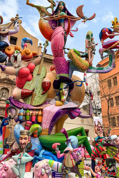 The Falla at Campanar, featured in the Fallas Festival in Valencia, Spain, exemplifies the vibrant and intricate artistry of this world-renowned celebration