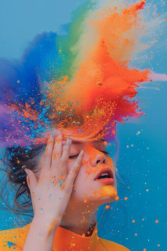 Portrait of individual with vibrant rainbows emanating from their thoughts on a blue background