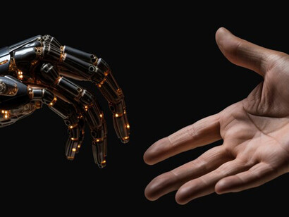 Ai robot hand close to human hand