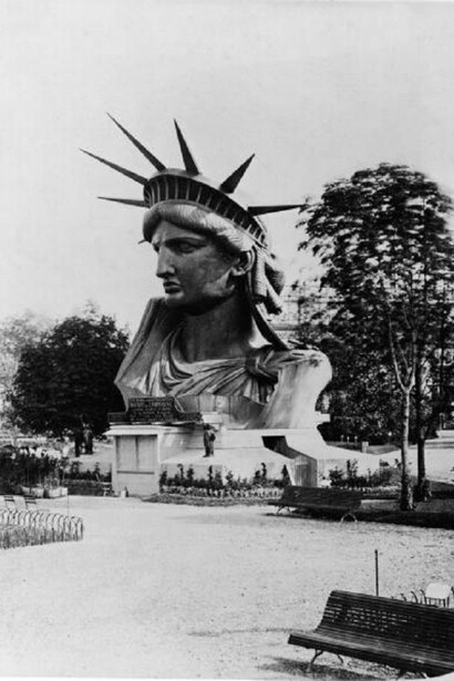 The head of the Statue of Liberty on display in the garden at the Champ de Mars at the World's Fair in Paris to drum up support and contributions for the completion of the great project, 1878. (Photo by FPG/Getty Images)