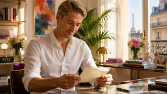 A man smiling as he reads a handwritten letter, representing the joy found in personal correspondence