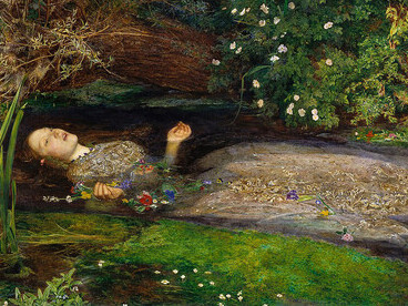 "Ophelia" (1851–52) is a renowned painting by British artist Sir John Everett Millais, housed in Tate Britain, London. The work captures the tragic moment from William Shakespeare's "Hamlet", portraying Ophelia singing before her untimely drowning in a river