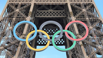 Olympic rings on the Eiffel Tower, Paris 2024, France