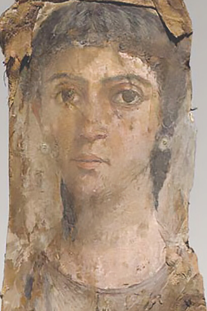 The timeless allure of a painted wood mummy portrait depicting a woman from the Roman period, estimated to be from circa 55-70 A.D.