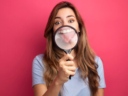 Smiling young woman in a blue t-shirt, holding a magnifying glass up to her mouth, with a pink background, emphasizing oral health and hygiene