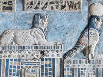A focused gaze upon the masterful depictions and artwork embellishing the roof of the Dendera Temple of Hathor, an ancient haven venerating the goddess Hathor, positioned in the heart of Dendera, Egypt, the striking imagery accentuating the splendour of Egyptian blue pigment