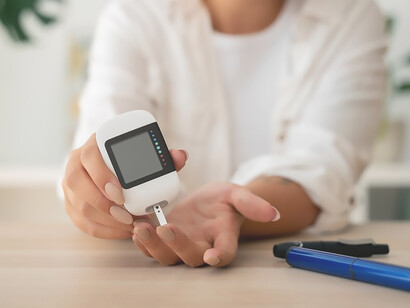 A woman managing diabetes carefully checks her blood glucose levels