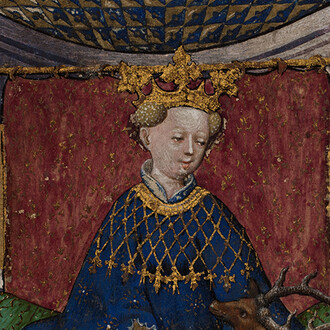 Queen of Stags, from The Stuttgart Playing Cards (Das Stuttgarter Kartenspiel)
German, Upper Rhineland, ca. 1430
Paper (six layers in pasteboard) with gold ground and opaque paint over pen and ink
7 ½ × 4 ¾ in. (19.1 × 12.1 cm)
Landesmuseum Württemberg, Stuttgart (KK grau 15)
Image: © Landesmuseum Württemberg, Stuttgart, photo: H. Zwietasch