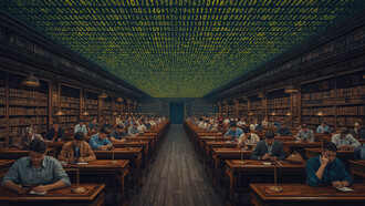 KI-generierte Smartphone-Studenten im digitalen Lesesaal einer historischen Bibliothek