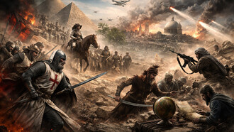 A visual reflection on the long historical entanglement of religion, empire, and war—from medieval crusades to modern geopolitical conflicts in the Middle East