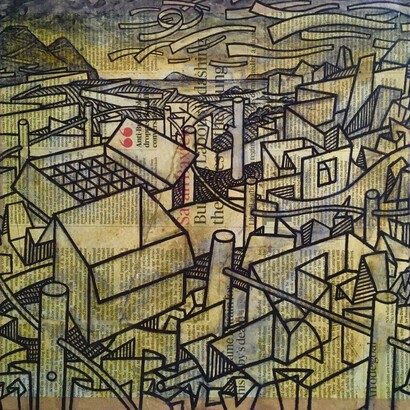 Dinas Dinlle, carbon ink, newspaper on recycled cardboard, Mark Weighton, 2020