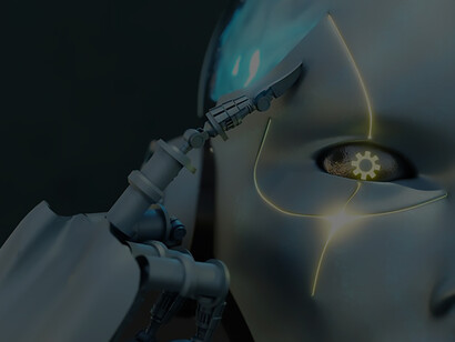 In a digital age marked by information overload and a data deluge, a robot points from its brain AI to signify the societal quest for wisdom amidst technological advancement