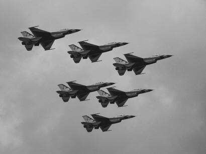 Six fighter jets; Goal 16 advocates “peaceful and inclusive societies,” as well as “social justice,” but never mentions the worldwide war and militarism system, exporting weapons to nations around the globe, which makes this goal impossible to meet
