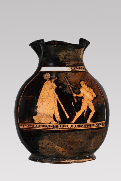 Oinochoe in terracotta con disegni, Grecia, 430-450 a.C.