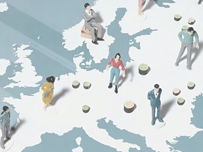 Paper-style community illustrations of people across various countries on a map of the European Union, seen from a top-down perspective