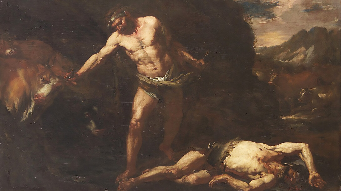 Hercules kills the giant Cacus and steals Geryoneus' cattle, Giovan Battista Langetti (1625–1676)