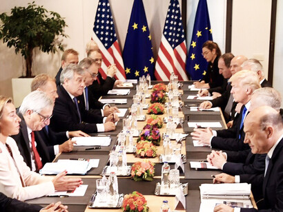 EU and US leaders, including Juncker, Mogherini, Tusk, Tajani, and Trump, met to address key issues like security, climate change, foreign policy, and trade