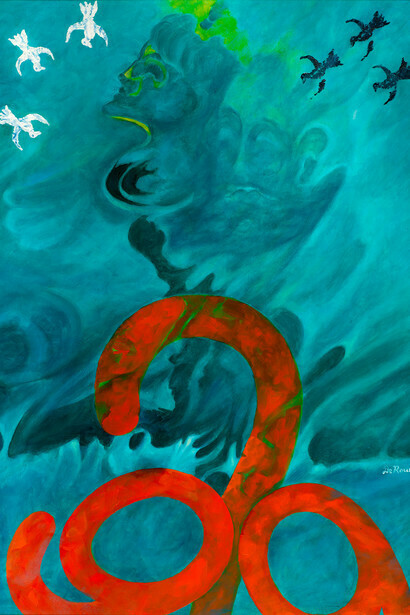 Agostino De Romanis - Red numbers on a blue background, 2009 oil on paper - cm 76 x 56